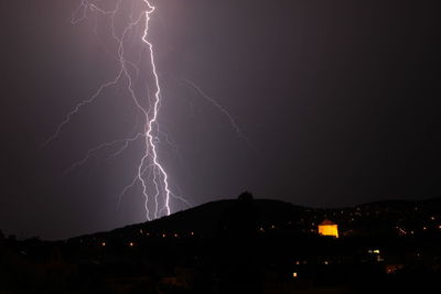 Illuminated ferris wheel against sky at night