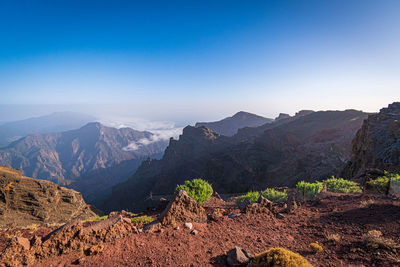 Scenic view of mountains against clear blue sky