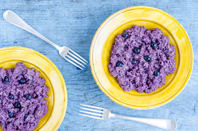 High angle view of breakfast served on table