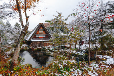 House and trees by river against building