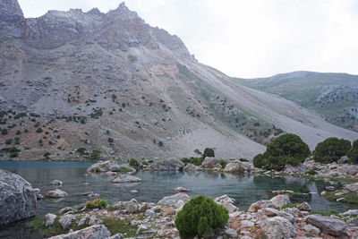 Scenic view of lake and mountains against sky