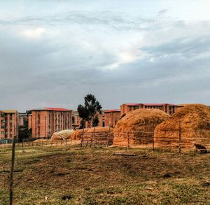 Hay bales on field against sky