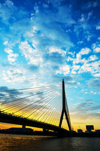 Low angle view of suspension bridge against cloudy sky