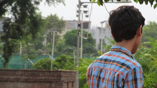 Rear view of woman with umbrella against trees