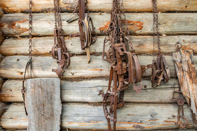 Full frame shot of rusty metal hanging on rope