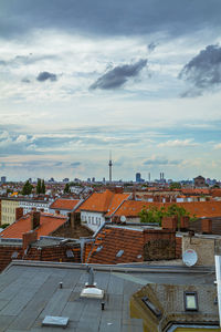 High angle view of city against cloudy sky