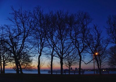 Silhouette of bare trees against sky at dusk