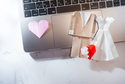 High angle view of text on paper at table