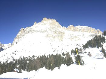 Low angle view of snowcapped mountain against clear sky