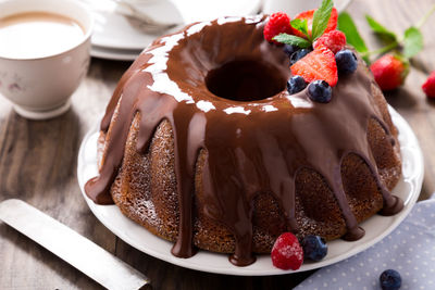 High angle view of cake in plate on table