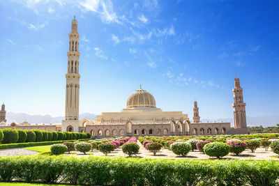 Garden by mosque in city against blue sky