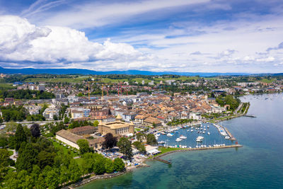 High angle view of buildings in city