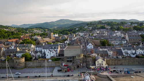 High angle view of buildings in city