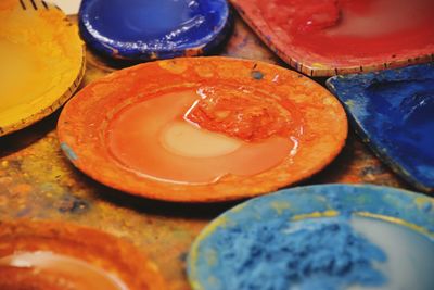 High angle view of multi colored candies on table