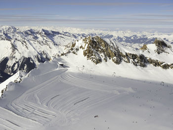 Scenic view of snow covered mountains against sky