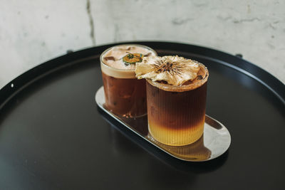 High angle view of dessert on table