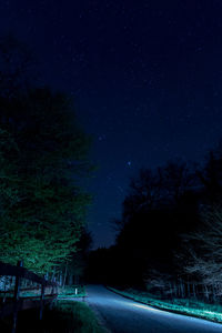 Road amidst trees against sky at night
