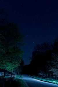 Road amidst trees against sky at night