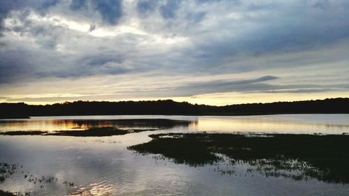 Scenic view of lake against cloudy sky