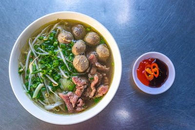 High angle view of soup in bowl on table