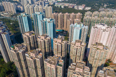 High angle view of modern buildings in city