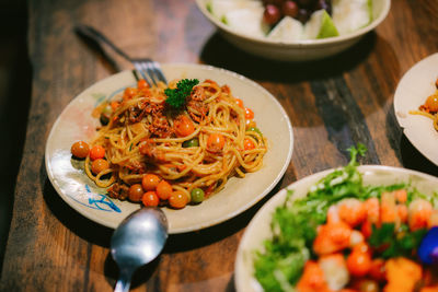 High angle view of food in plate on table