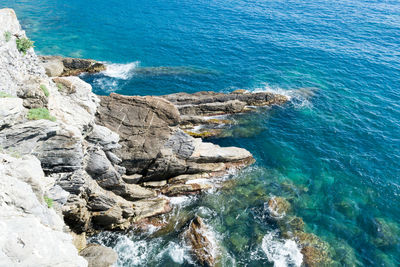 High angle view of rocks on beach