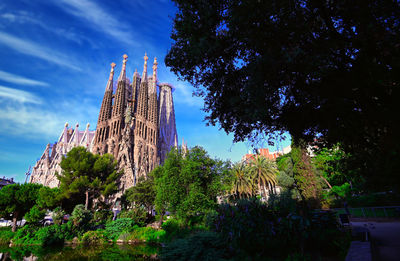 Low angle view of trees and building against sky