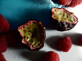 High angle view of fruits in plate