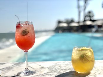 Close-up of drink on table against swimming pool