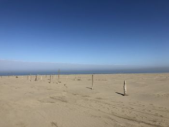 Scenic view of beach against clear blue sky