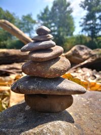 Close-up of stone stack on rock