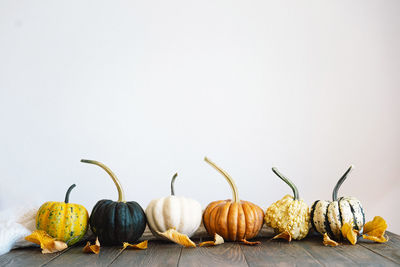 Multicolored pumpkins and dry autumn leaves on wooden background.