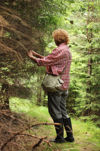 Rear view of man looking at forest