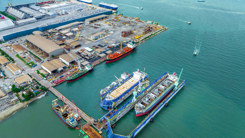 High angle view of boats in sea