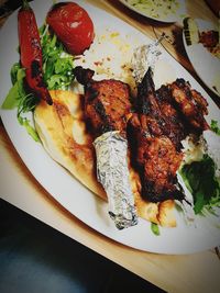 High angle view of meal served on table