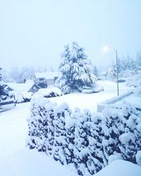 Snow covered landscape against clear sky