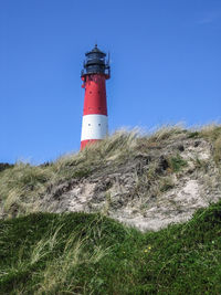 Low angle view of lighthouse against clear blue sky