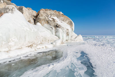 Snow covered landscape against clear sky