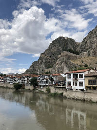 Scenic view of lake by buildings against sky amasya 