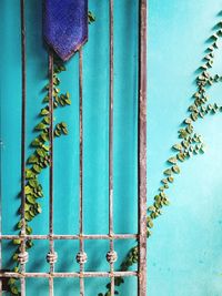 Close-up of blue metal door of building