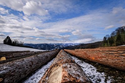 Panoramic view of snow covered landscape against sky