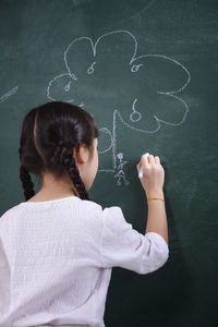 Rear view of girl drawing on blackboard