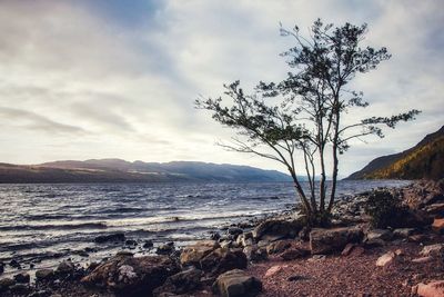 Scenic view of beach and mountains against sky