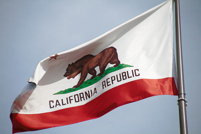 Low angle view of flag against sky