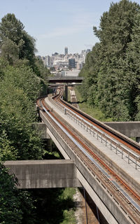 Railroad tracks amidst trees in city against sky