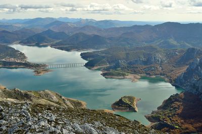 Scenic view of lake and mountains against sky