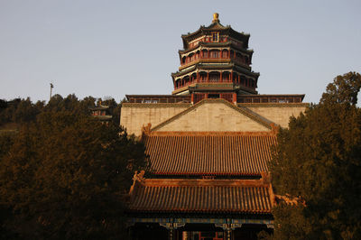 View of temple building against clear sky