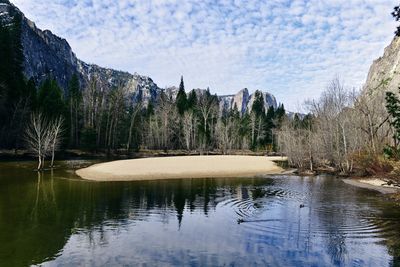 Scenic view of lake by trees against sky