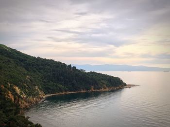 Scenic view of lake against cloudy sky